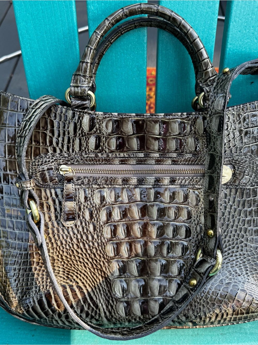 Brahmin Robyn Glossy Locket Croc-Embossed Leather Satchel w/crossbody strap
